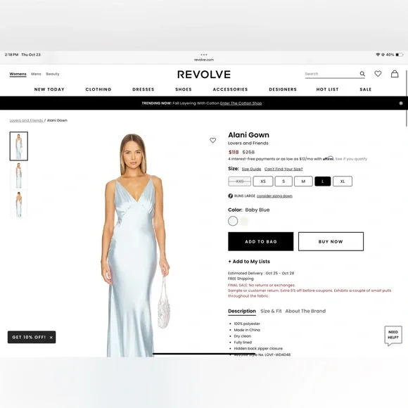 Revolve Whimsical Sky Blue Maxi Dress SzL,silk/satin Like,heavy Fancy Gown,Alani - Picture 9 of 11